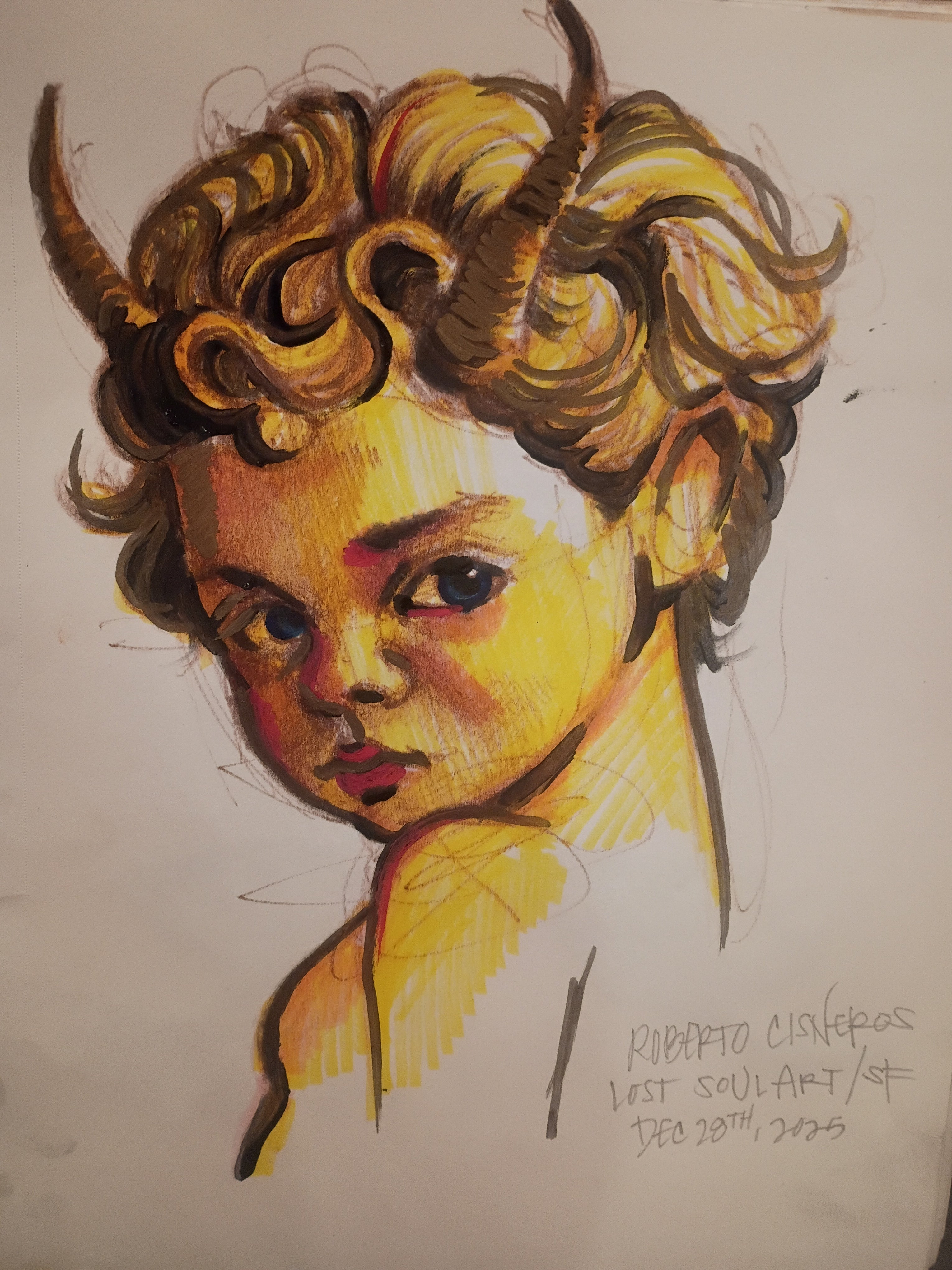 Cherub — Original Marker & Pen on Cardboard by Roberto Cisneros