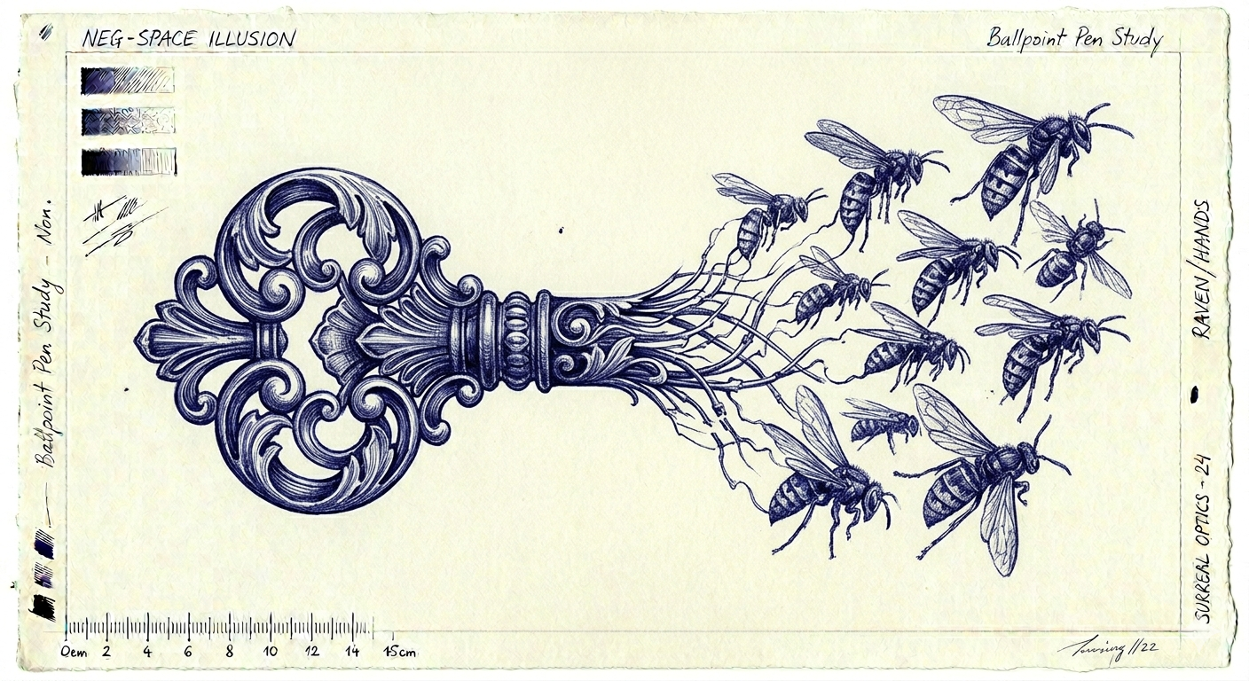Key & Wasps – Tattoo Flash Design